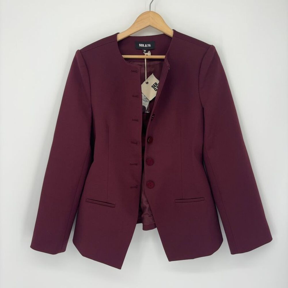 SEROYA Wine Round-Neck Button Blazer